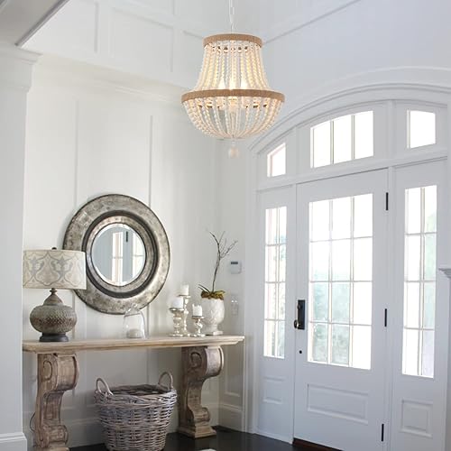 Miniatura 3 de VANZARLA Lámpara de araña bohemia de 3 luces para casa de campo, lámpara colgante bohemia con detalles de cuentas de madera, lámpara colgante