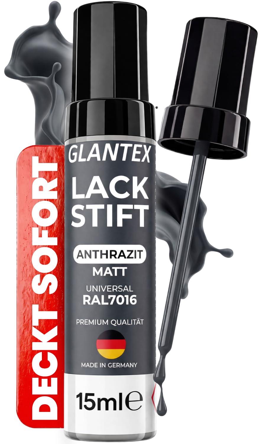 GLANTEX Lackstift Schwarz glänzend [15ml] – Hohe Deckkraft für Kratzer und Steinschläge – Auto & Felgen Lackstift Schwarz