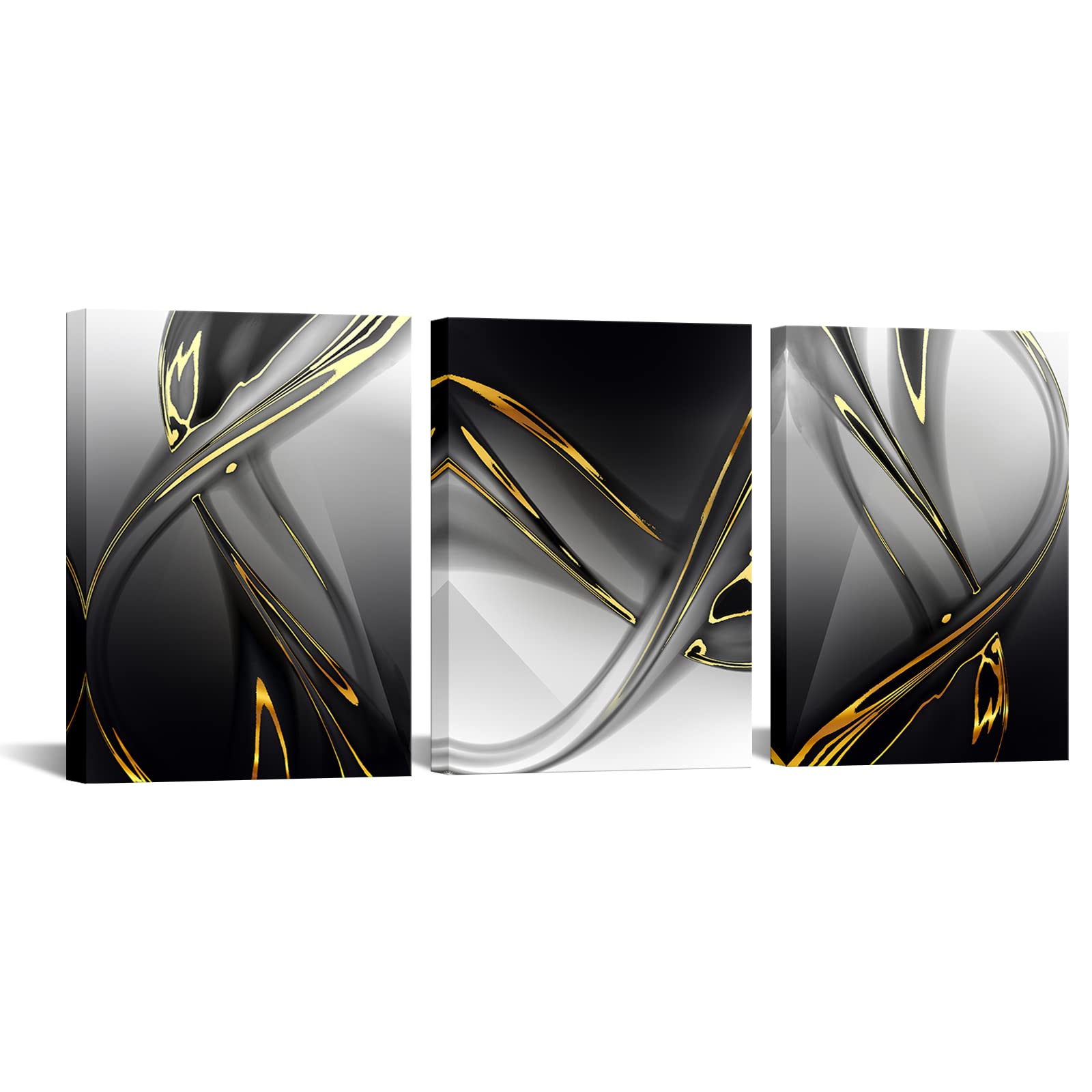 Biuteawal 3 Piece Canvas Print Gold Modern Abstract Wall Art Decor Black and White Artwork Canvas Painting Prints Pictures Home Office Living Room Bedroom Decoration Gallery Wrap Ready to Hang