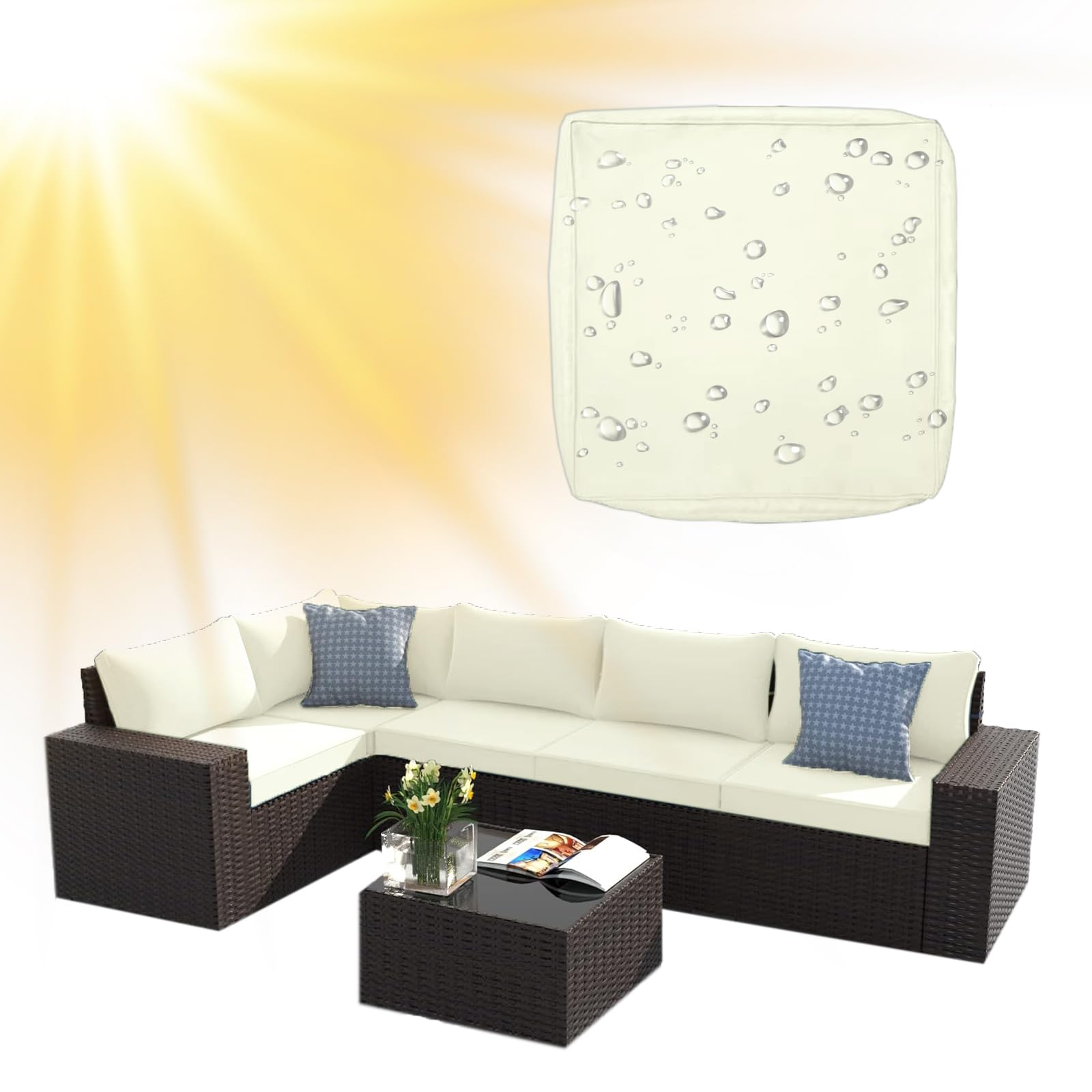 SYLC Water Repellent Patio Cushion Covers UV Resistant Garden Rattan Cushion Covers with Zipper Outdoor Couch Cushion Slipcovers for L Shape/Corner (1 pc 60×60×10 cm,Ivory)
