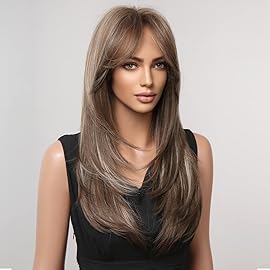 HAIRCUBE Dark Brown Wigs for Women,Long Layered Brown with Highlight Wigs with Bangs Heat Resistant Synthetic Fibre Wigs(pelucas de cabello natural)