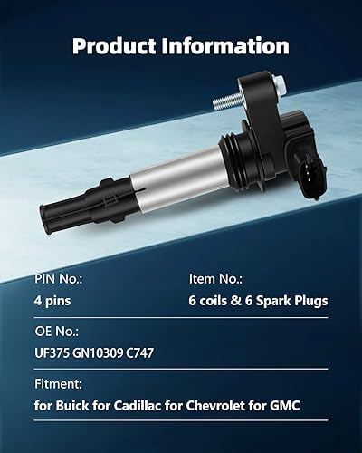 Miniatura 3 de ECCPP UF375 6 bobinas de encendido con 6 bujías de iridio para Cadillac para Buick para Chevrolet para GMC para Saturn CTS SRX Acadia Outlook
