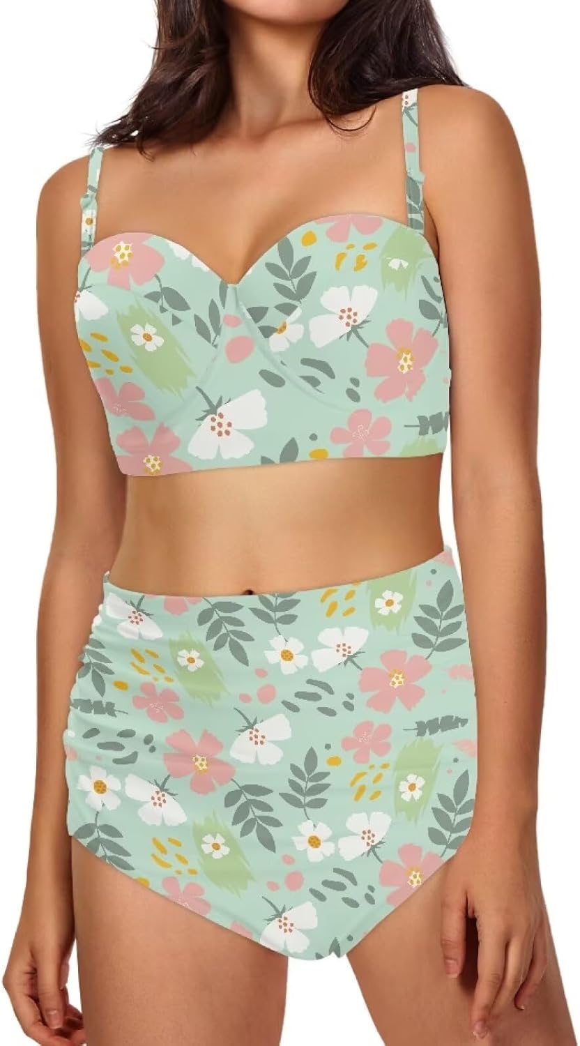 ZOUTAIRONG Women's High Waisted Bikini Sets Two Piece Swimsuit Scoop Neck High Cut Bathing Suits Full Coverage Monikini