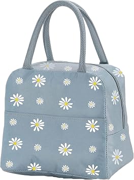 Insulated Lunch Bag, Portable Thermal Lunch Bags Cooler Bag Daisy Pattern Lunch Box Organizer Tote Bag for Women Adults Kids Girls Work School Picnic Camping Travel Grey Blue