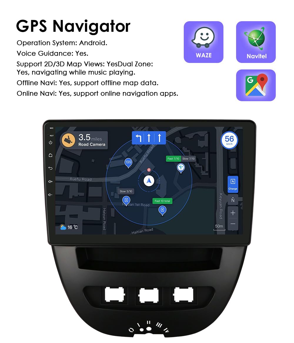 Android 13 Autoradio 10.1 Pollici Touch Screen 4 Core per Peugeot 107/Toyota Aygo/Citroen C1 2005-2014 WiFi CarPlay/Android Auto Bluetooth 4G SWC GPS RDS 2GB + 64GB