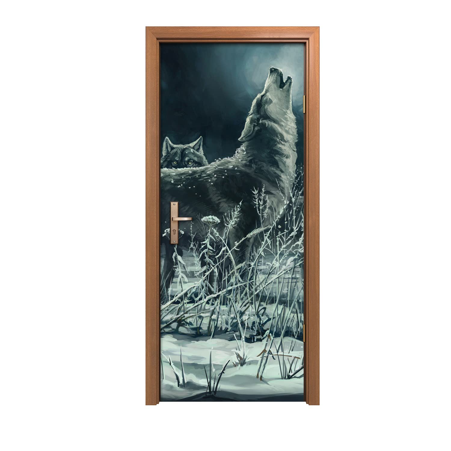 Autocollant de porte 90x200cm peinture loups | Décoration murale