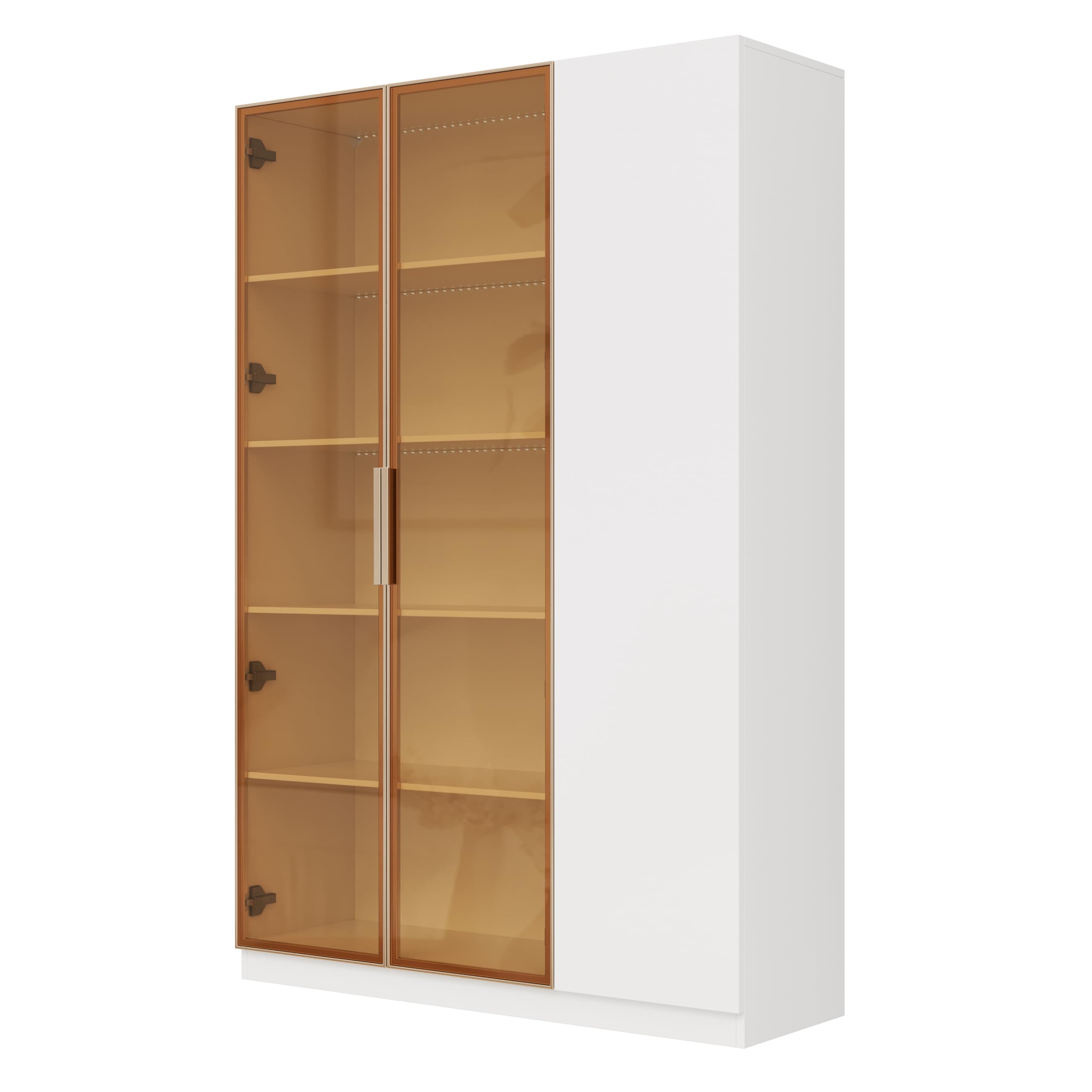 Vitrina de cristal de 165 cm, armario alto, 3 puertas con iluminación LED, multicolor, ajustable, con cristal de seguridad, estantes ajustables y protección antivuelco