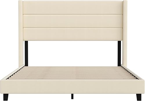 Miniatura 7 de Merrick Lane Percy - Cama de plataforma moderna, lino sintético beige, tamaño Queen, cabecero acolchado con respaldo con alas cosidas de canal,