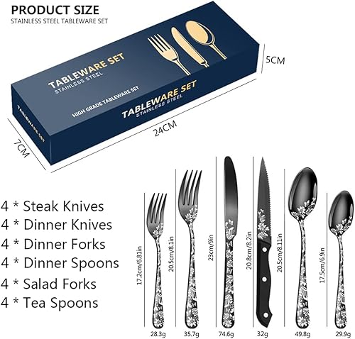 Miniatura 5 de XIAOYU Juego de cubiertos de 24 piezas con cuchillos de carne para 4 juego único de cubiertos láser floral incluye tenedores cucharas cuchillos