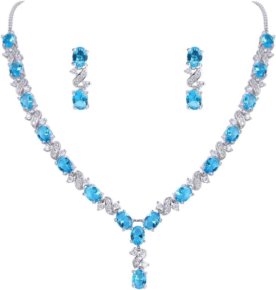 EleQueen Women's Silver-Tone Cubic Zirconia Oval Shape Leaf Necklace Earrings Set for Brides and Weddings