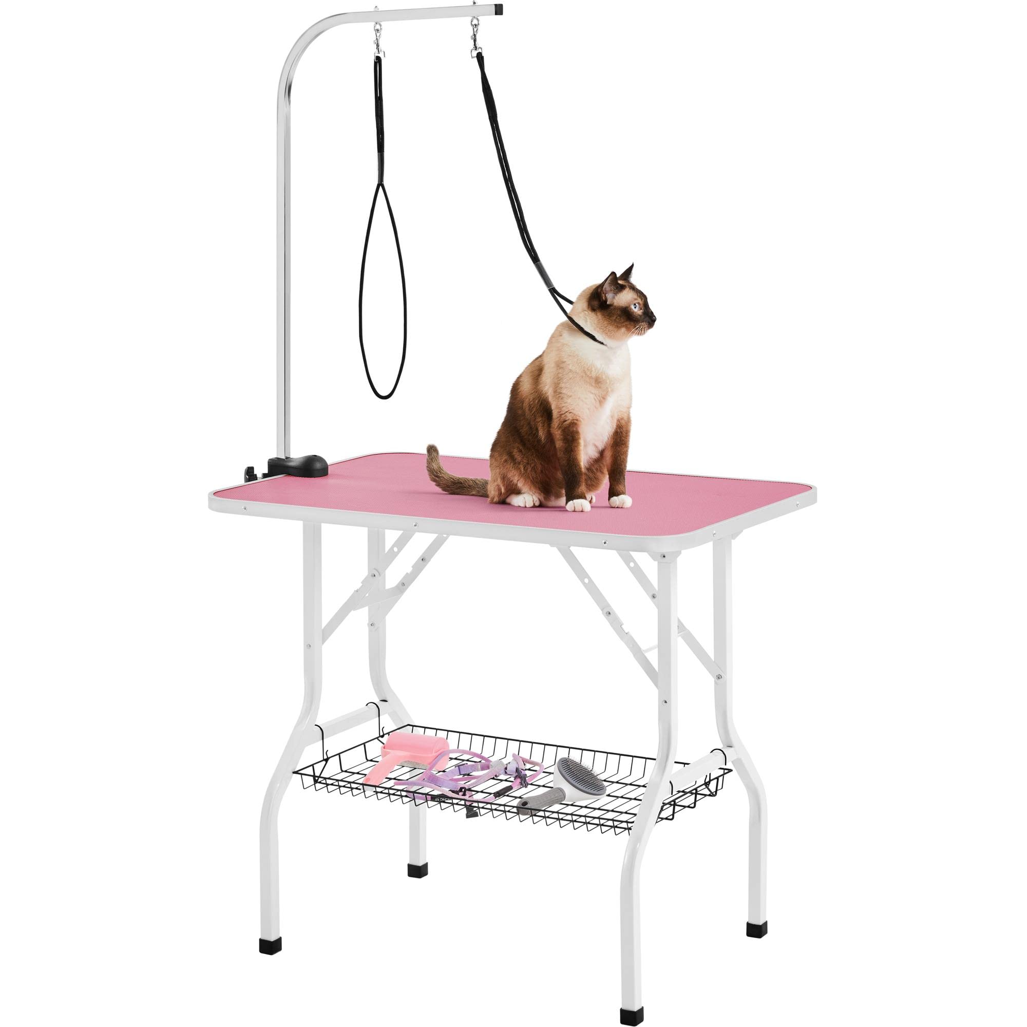 Yaheetech Tragbarer Haustierpflegetisch Hundepflegetisch für Haushaltsbaden, Haartrocken und Haarschneiden Trimmtisch mit Netzkorb für Hunde/Katzen, schwarz, höhenverstellbar Rosa