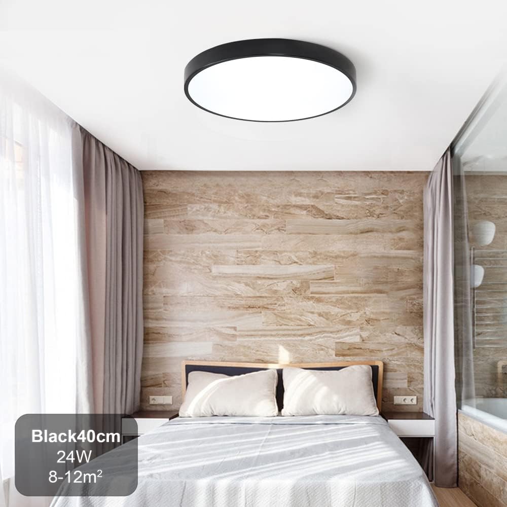 16" Round Ceiling Light 24W Black Flush Mount Fixture for Bedroom, Office, Kitchen - Remote Control Dimming, Warm to White Light 3000k-6000k