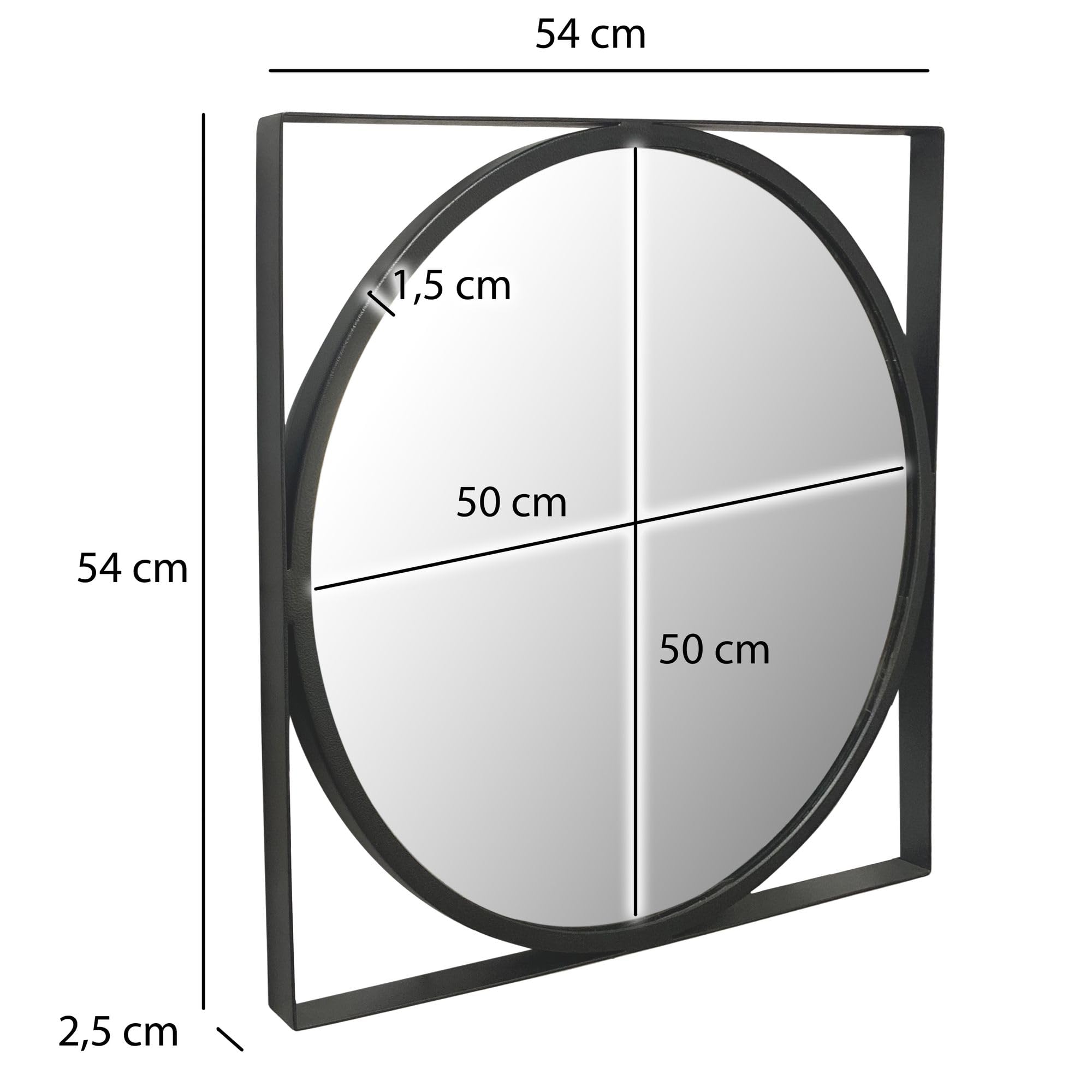 Wohnling Specchio da parete, 54 x 54 cm, design in metallo, nero, in ferro, rotondo, con cornice quadrata, piccolo specchio da parete