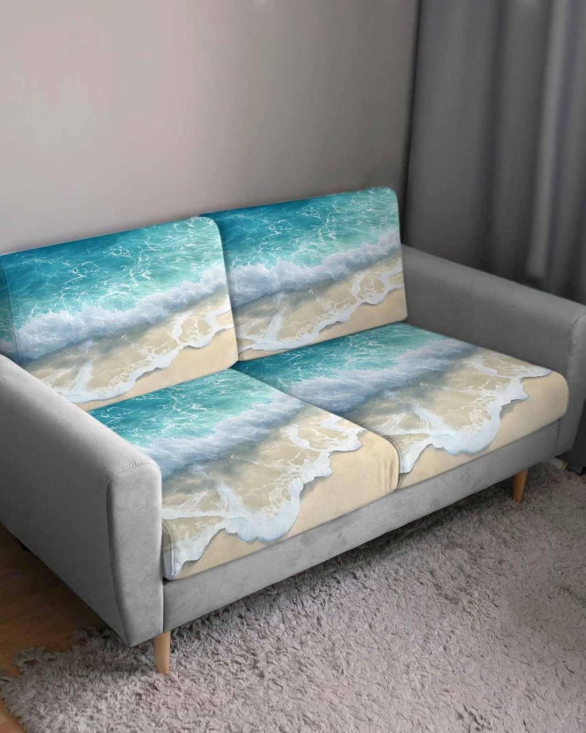 Summer Beach Couch Cushion Covers, Blue Sea Waves Individual Sofa Seat Cover Stretch, Seaside Coastal Chair/Sofa Slipcovers Furniture Protector for Sectional, 3Pcs Small
