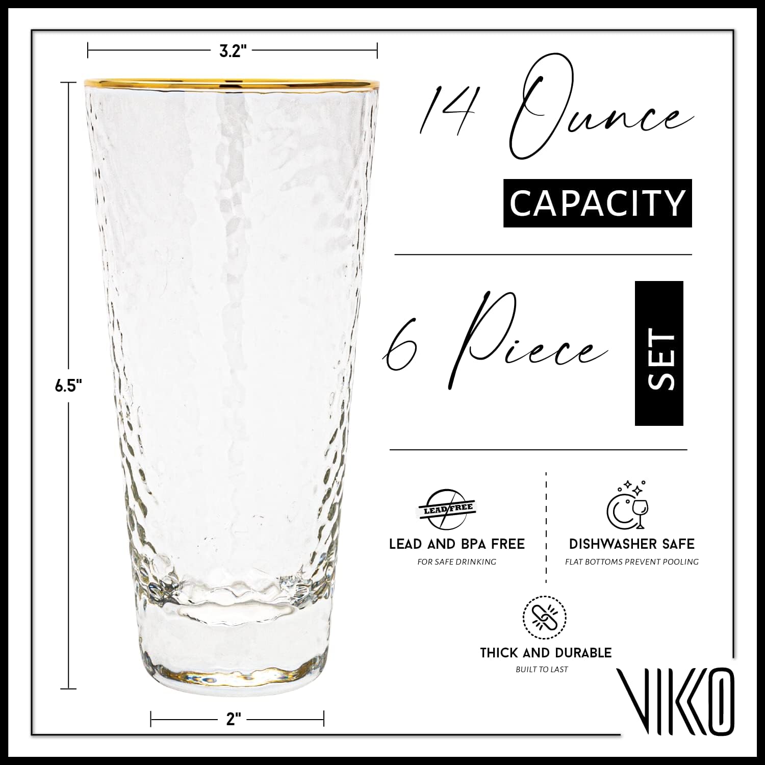 Vikko Drinking Glasses, 14 Oz Elegant Glass Cups, Set of 6 Hammered Glass Cups with Gold Rim for Water or Juice, Highball Glass Tumbler & Water Glasses for Drinking
