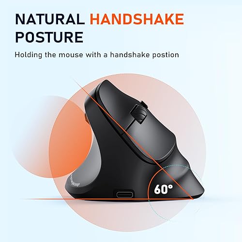 Miniatura 3 de MEETION Ratón ergonómico para zurdos, mouse inalámbrico vertical RGB recargable, Bluetooth (5.2 + 3.0) y USB-A con adaptador USB-C, 4 ratones DPI