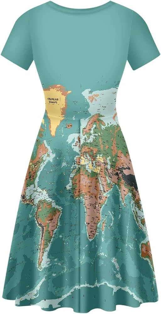 Binienty World Map Dress for Women Summer Casual Short Sleeve Loose Causal Midi Dress for Geography Teacher Plus Size S-4XL : Clothing, Shoes & Jewelry