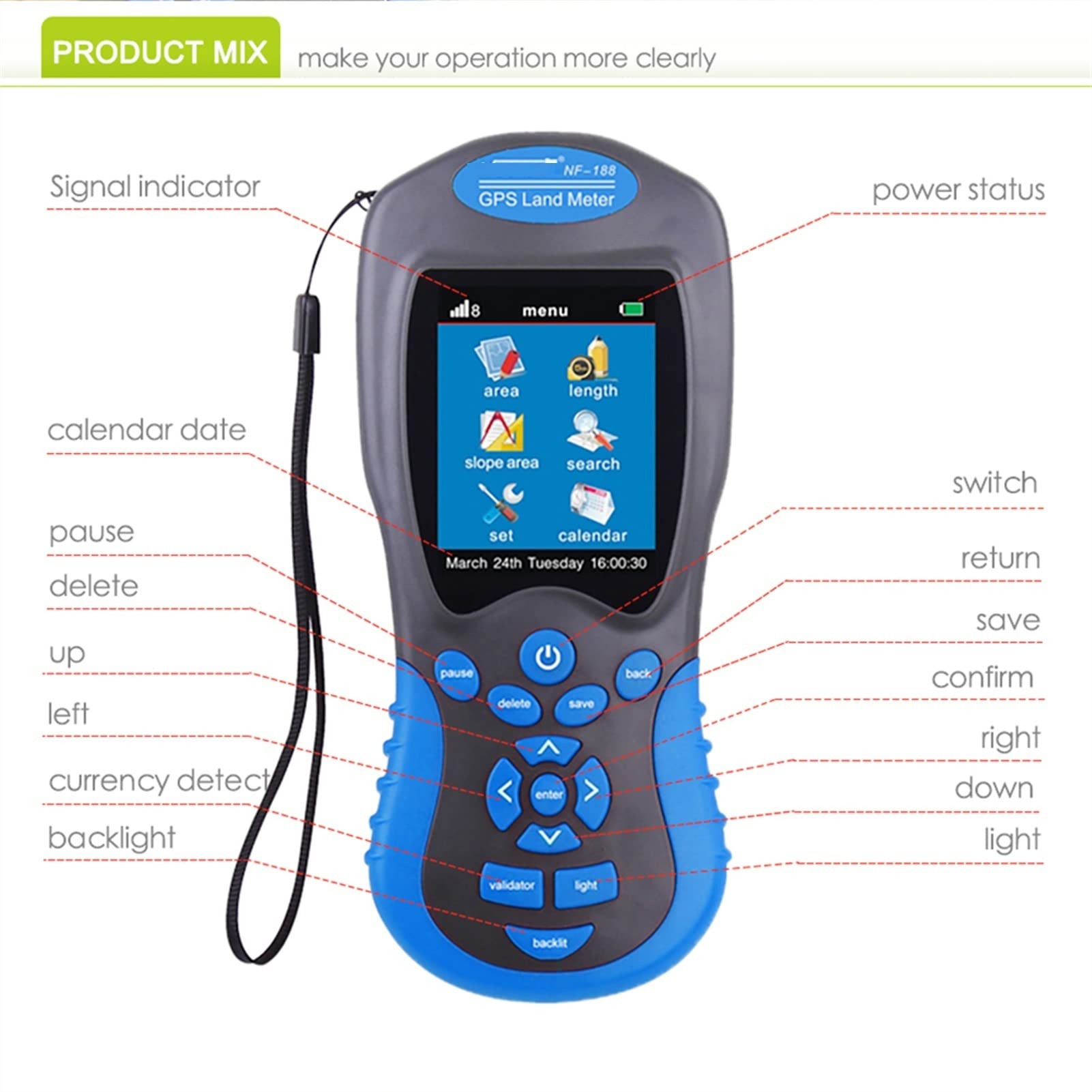 Tester kabli sieciowych NF-188 GPS Urządzenie pomiaru miernika terenu Usb. Miernik kalkulacji ścieżki nawigacji do narzędzia do mapowania gruntów gospodarskich dla telefonu, Ethernetu i wideo