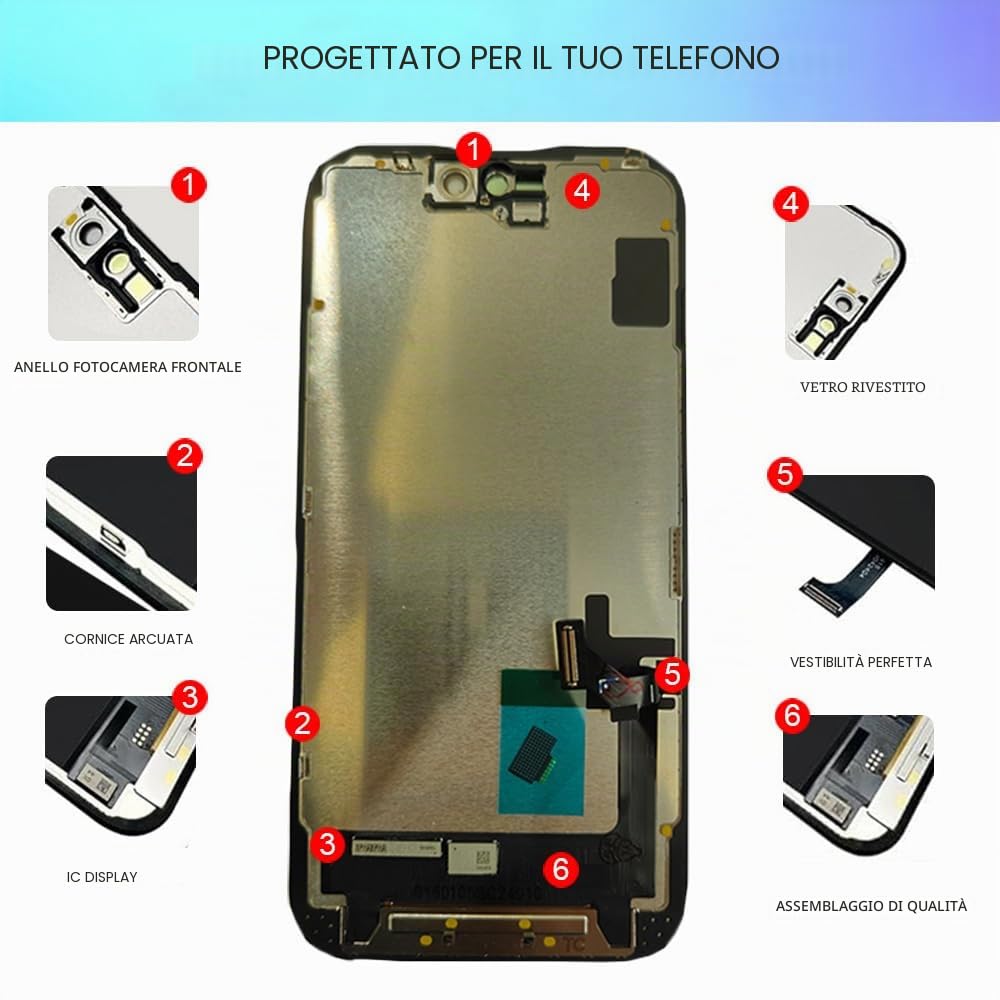 Display per iPhone 15 da 6,1" Schermo di Ricambio FHD Touch Screen 3D Touch Digitizer Assembly e Kit di Riparazione
