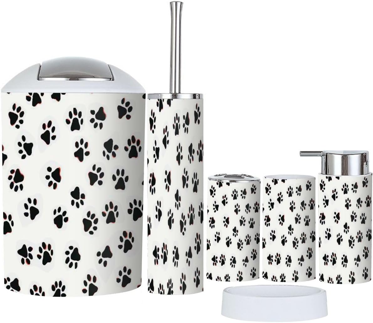 Bathroom Accessory Set 6 Piece Seamless Prints Paw Cute for Foot Puppy Toothbrush Holder, Toothbrush Cup, Soap Dispenser, Soap Dish, Toilet Brush Holder, Trash can, rmjf96ropxH8O-6j