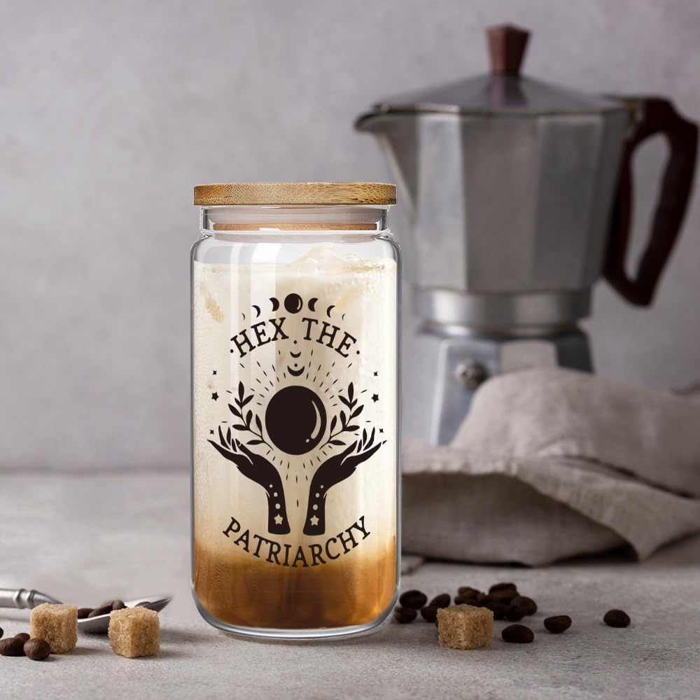 Hex the Patriarchy 16 oz Glass Cup with Lids and Straws, Witchy Feminist Gifts for Friend Bestie Employee Coworker, Halloween Feminist Glass Cup for Birthday Christmas, Power Mug - Image 2