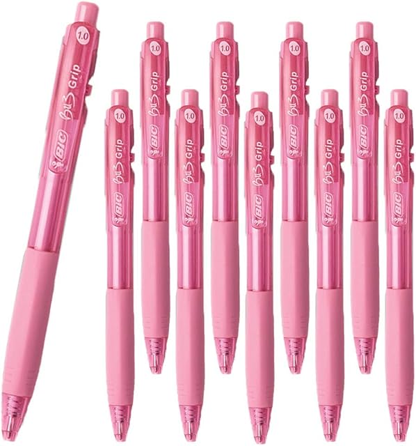 10 x BIC BU3 Grip Retractable Ballpoint Pen with slide click Retraction, Medium Point, 1.0 mm [PINK] (OEM Packed - Non-Retail Packaging)