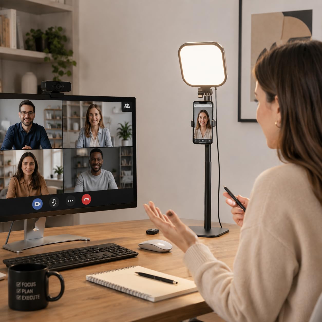 UBeesize Luce per videoconferenza per riunioni zoom, luce dimmerabile per webcam per computer con supporto per telefono, illuminazione da scrivania 3000-6500K per videochiamate, lavoro remoto, podcast
