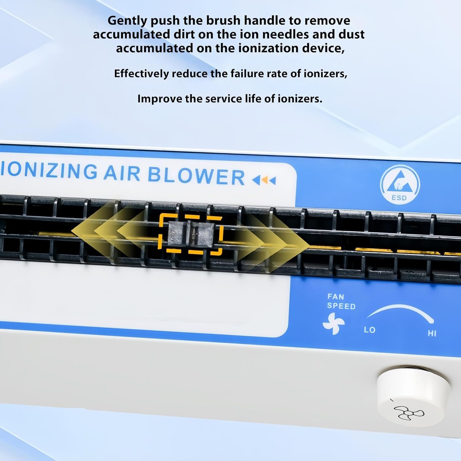 Soplador de aire ionizante de escritorio, ventilador antiestático, eliminador estático con limpiador de aguja de iones, 70 ~ 120 CFM para eliminar la electricidad estática
