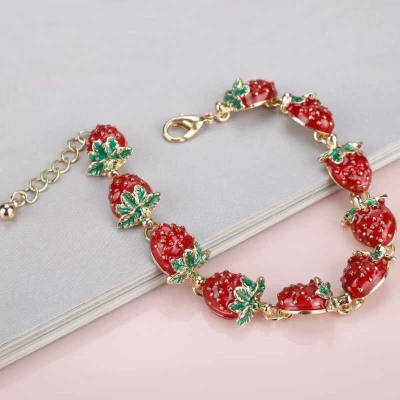 Funny Cute Strawberry Bracelet for Women Sweet Fruit Strawberry White Flower Charm Bracelet Jewelry Lover Party Birthday Valentine's Day Gifts - Image 3
