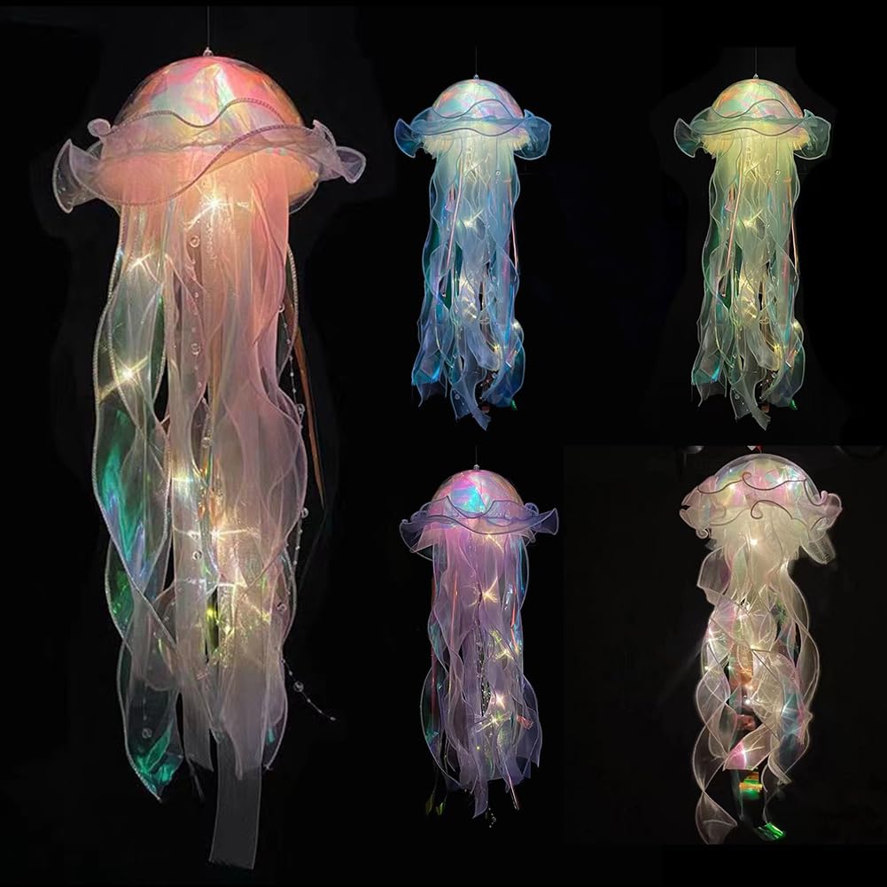 Cymwer Jellyfish Atmosphere Night Light Button Battery Hanging Ceiling Lantern Realistic with Ribbon&Bead for Children Bedroom