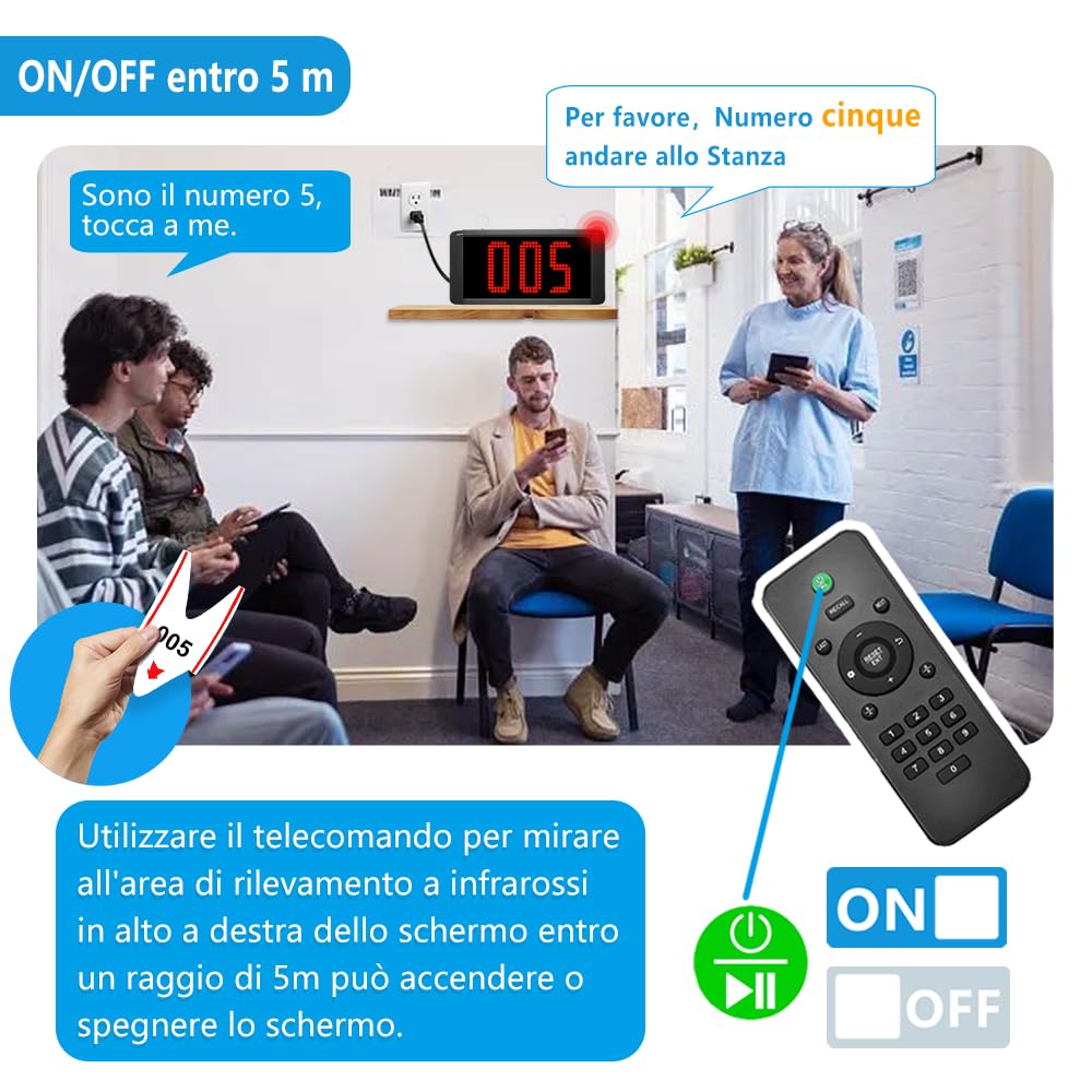 Eliminacode Due Display 3 Cifre (Chiamata in Italiano) | Gestione Code: 000-999/000-099/A00-E99 | 2x Display +3x Pulsanti +Telecomando | Per Ristorante/Ospedale/Negozio/Farmacia/Supermercato