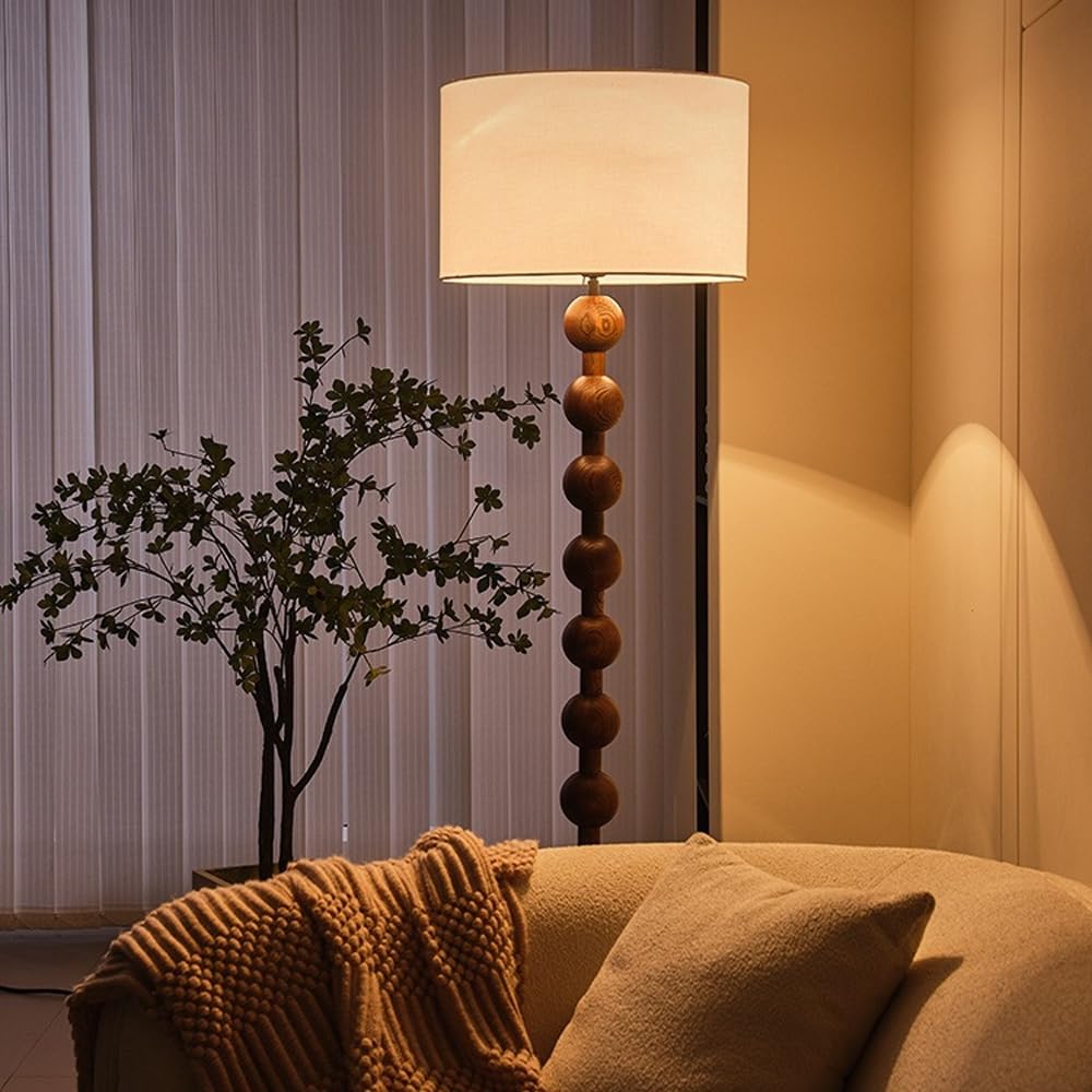 Okrągła drewniana lampa podłogowa w stylu połowy wieku, 160 cm, z lnu z diodami LED E26, możliwość ściemniania, z tkaniny, idealna do czytelni, biura, salonu lub sypialni.
