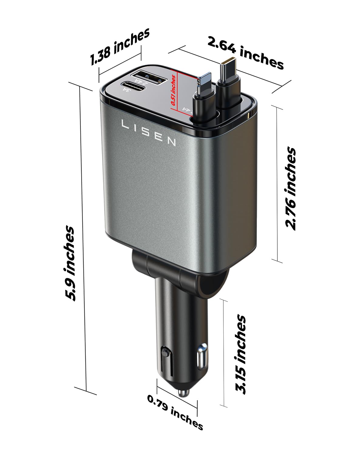 LISEN Retractable Car Charger, [2026 Upgrade 50 inch ] Long 4 in 1 Retractable Cable Car Charger, USB C Car Charger Fast Charging for iPhone 17 16 15 14 13 12 11 X Pro Max Plus Mini, Samsung S26 view 8