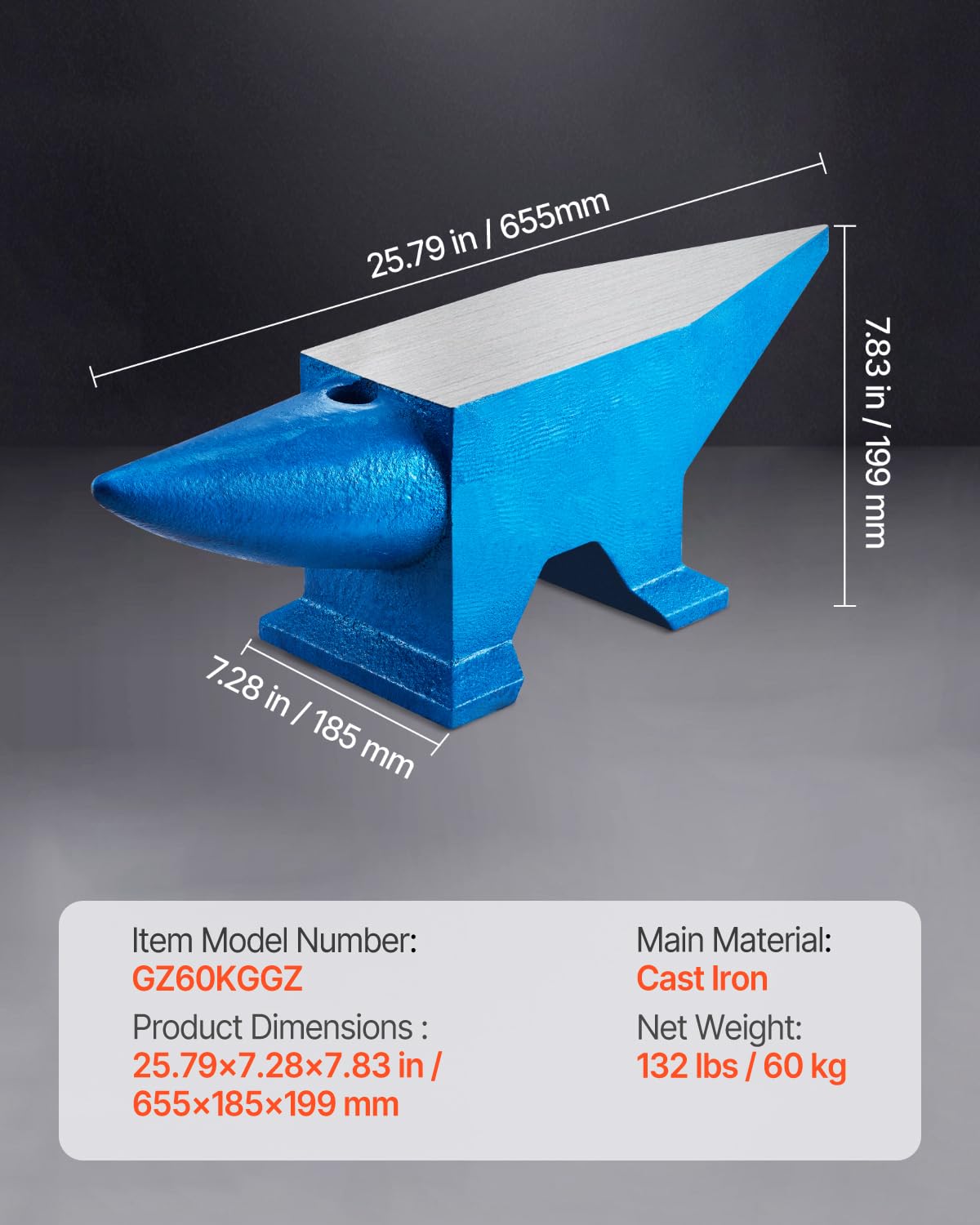 VEVOR Enclume de forgeron 132.3lbs(60 kg) Enclume d’acier Bleu Forger Riveter Aplatir Former le métal Travail du métal Traitement thermique Bijoutier Marteau comme cadeau Portable Robuste