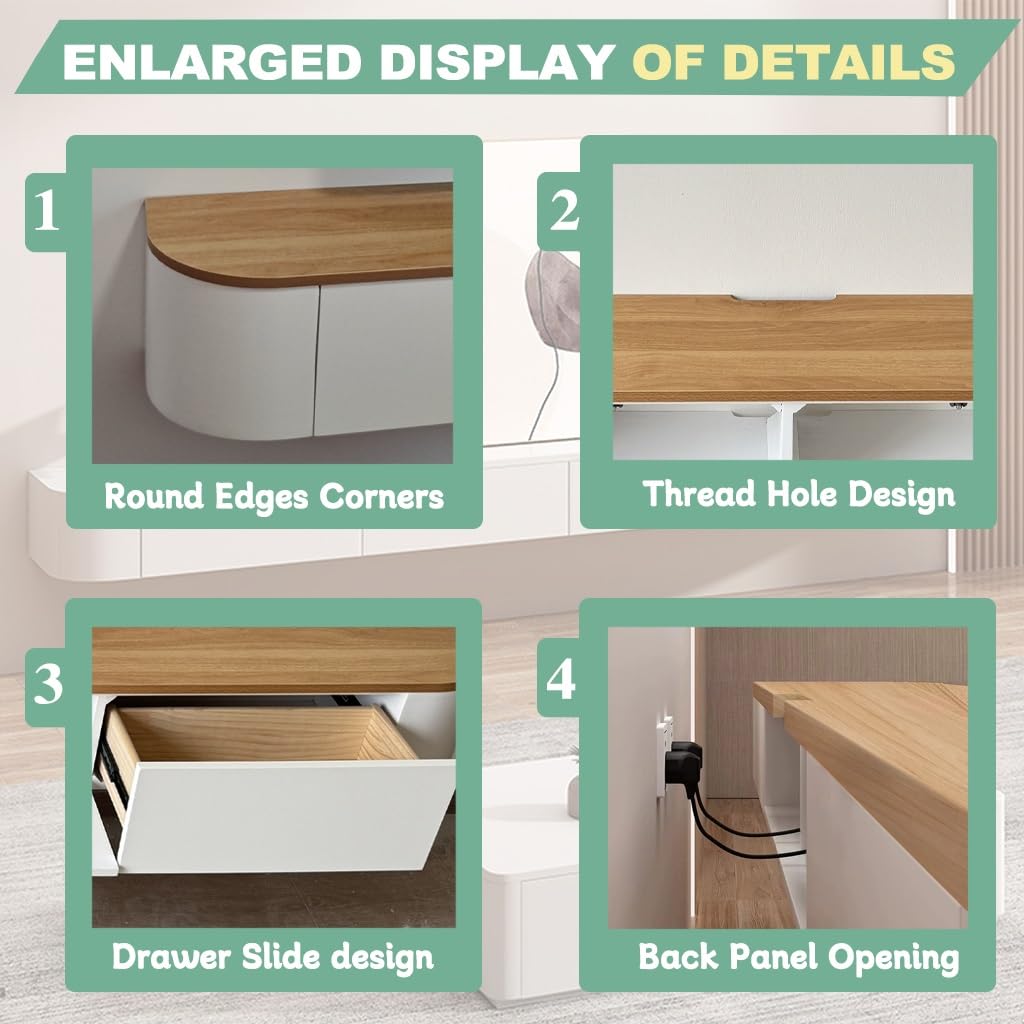140 cm lang TV-Schrank hängend Holzfarben,Fernsehschrank mit 2 Schubladen und 1 Klappen Türen, an der Wand befestigte Holz-Medienkonsole, TV Lowboard mit Kabelmanagement
