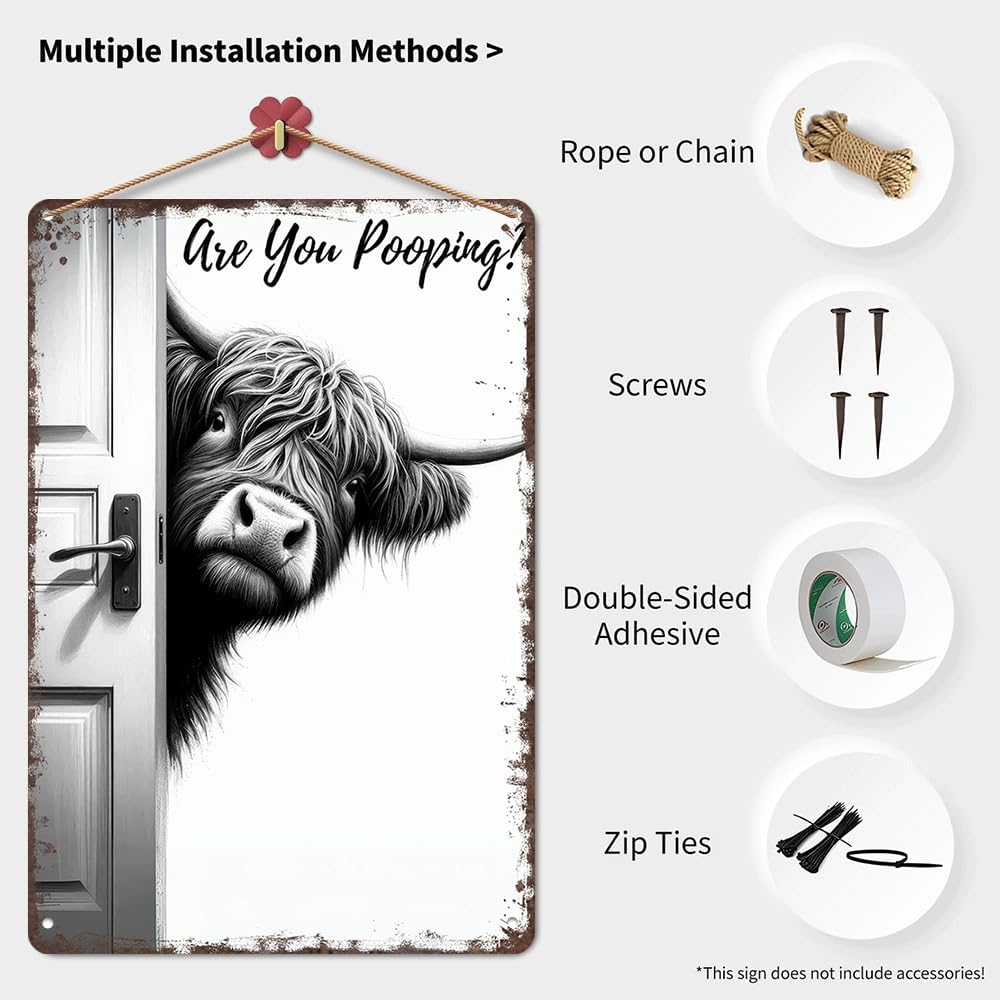 Vintage Highland Cow Aluminum Sign: Funny "Are You Pooping?" Black and White Bathroom Wall Decor for Western & Highland Cow Lovers 8 x 12 Inch - Image 3