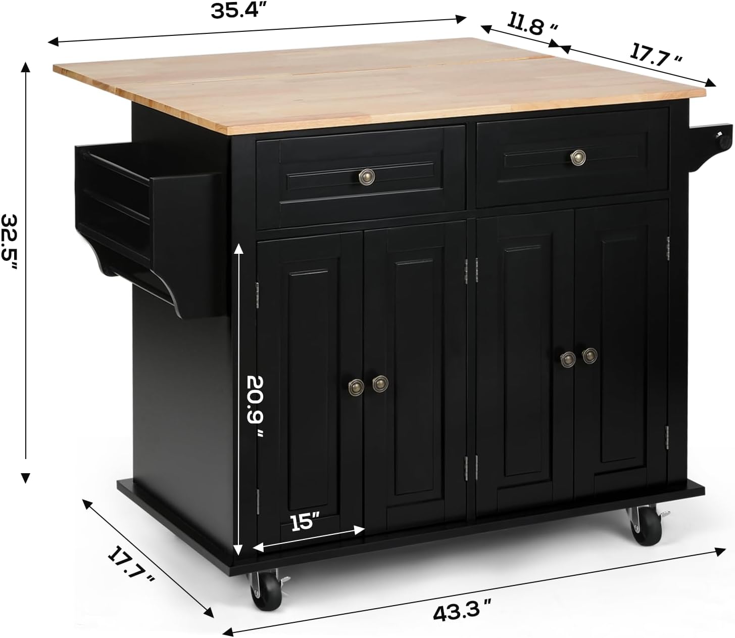 VOWNER 43" W Kitchen Island with Drop Leaf, Rolling Kitchen Island with Drawers, Portable Island Kitchen with Storage, Butcher Block Kitchen Cart with Spice Rack & Towel Rack (Black)