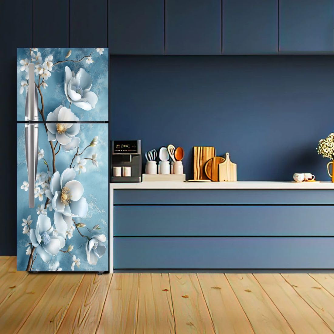 Double Door Fridge Sticker - Floral & Abstract Designs -3
