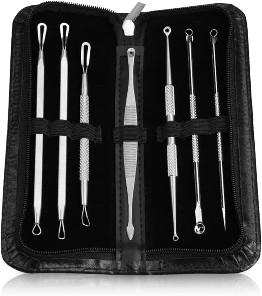Glamza 7-Piece Blackhead Remover Tool Kit, Professional Stainless Steel Acne Extractor Set for Blackheads, Whiteheads, Pimples, and Blemishes - Safe, Easy-to-Clean, for Facial Skin Care