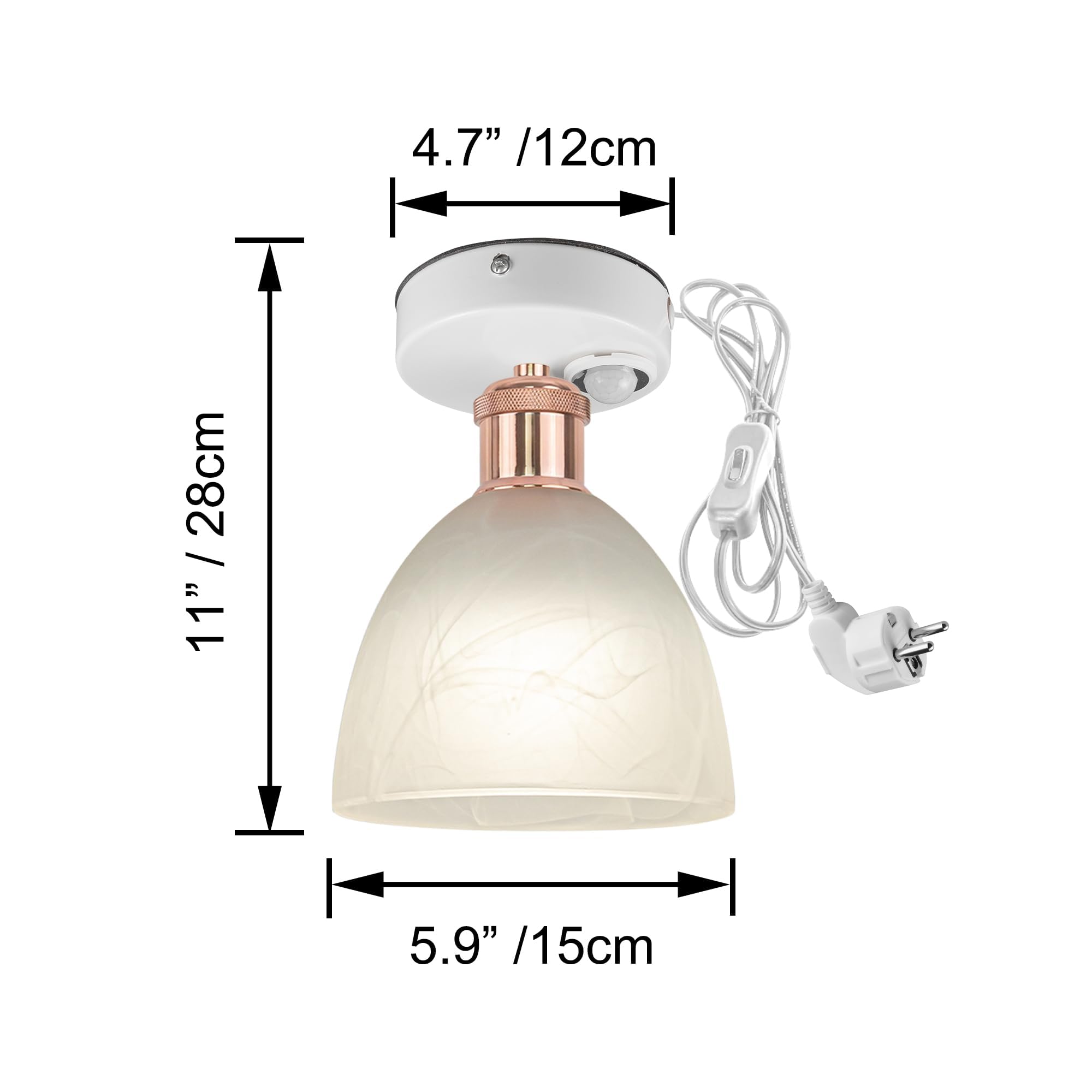 Plafoniera con sensore di movimento interno, moderna lampada da soffitto in vetro smerigliato, sensore di movimento radar con cavo da 4,5 m e portalampada E27, per corridoio, bagno, scale,