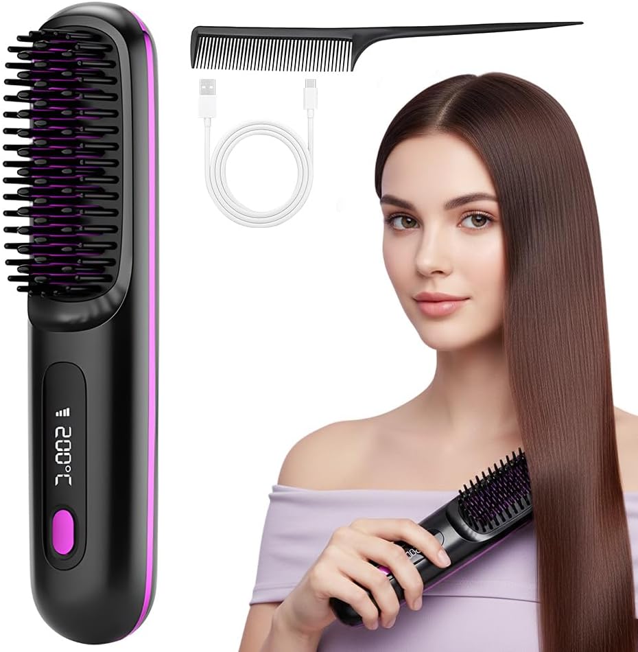 Go Brush Pro for Short Hair - 2026 Mother's Day Upgraded Cordless Straightening Brush with Fast Heat, 3 Temperature Settings, Ionic & Ceramic Care, USB-C Rechargeable for Frizz-Free Styling (Black)