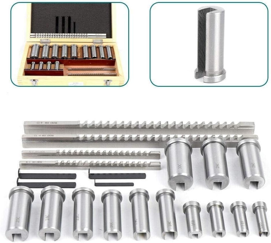 Lbxlhr 22 PCS Keyway Broach Kit, Metric Size Metalworking Tool Round Bushings Collared Bushing Shim Set Metric Size 4 Pcs Broach & 13 Collared Bushing & 5 Gaskets with Tool Box for Cutting Keyways