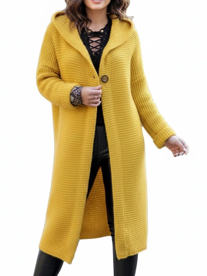 Womens Long Hooded Knitted Cardigan Sweater Oversized Long Sleeve Button Down Coat Fall Winter Jacket with Pockets