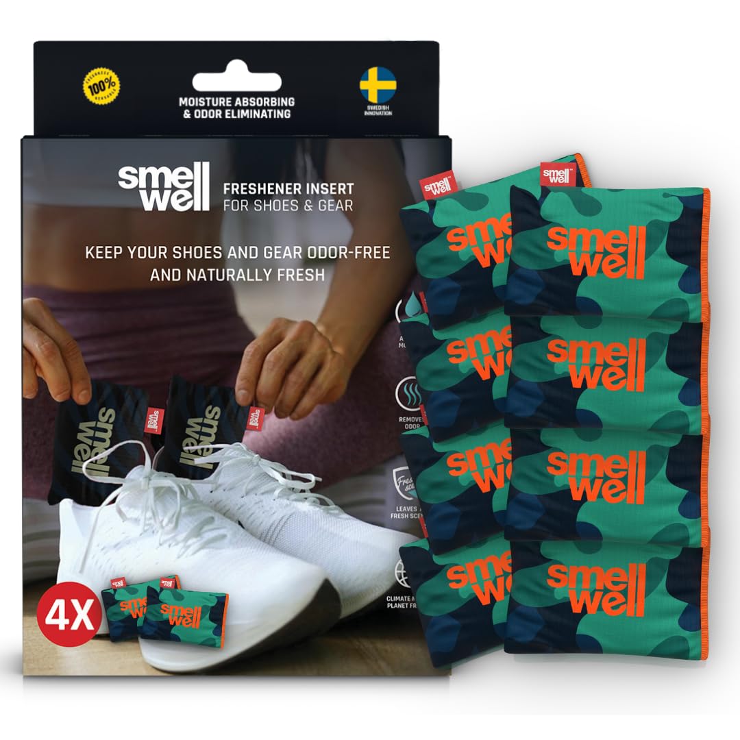 SmellWell - Scented Shoe Deodorizer Inserts - Odor Eliminators - Activated Bamboo Charcoal + Minerals - Natural Fresheners for shoes, bags, gloves - 8 x 1.8oz Original Size - Green Camo