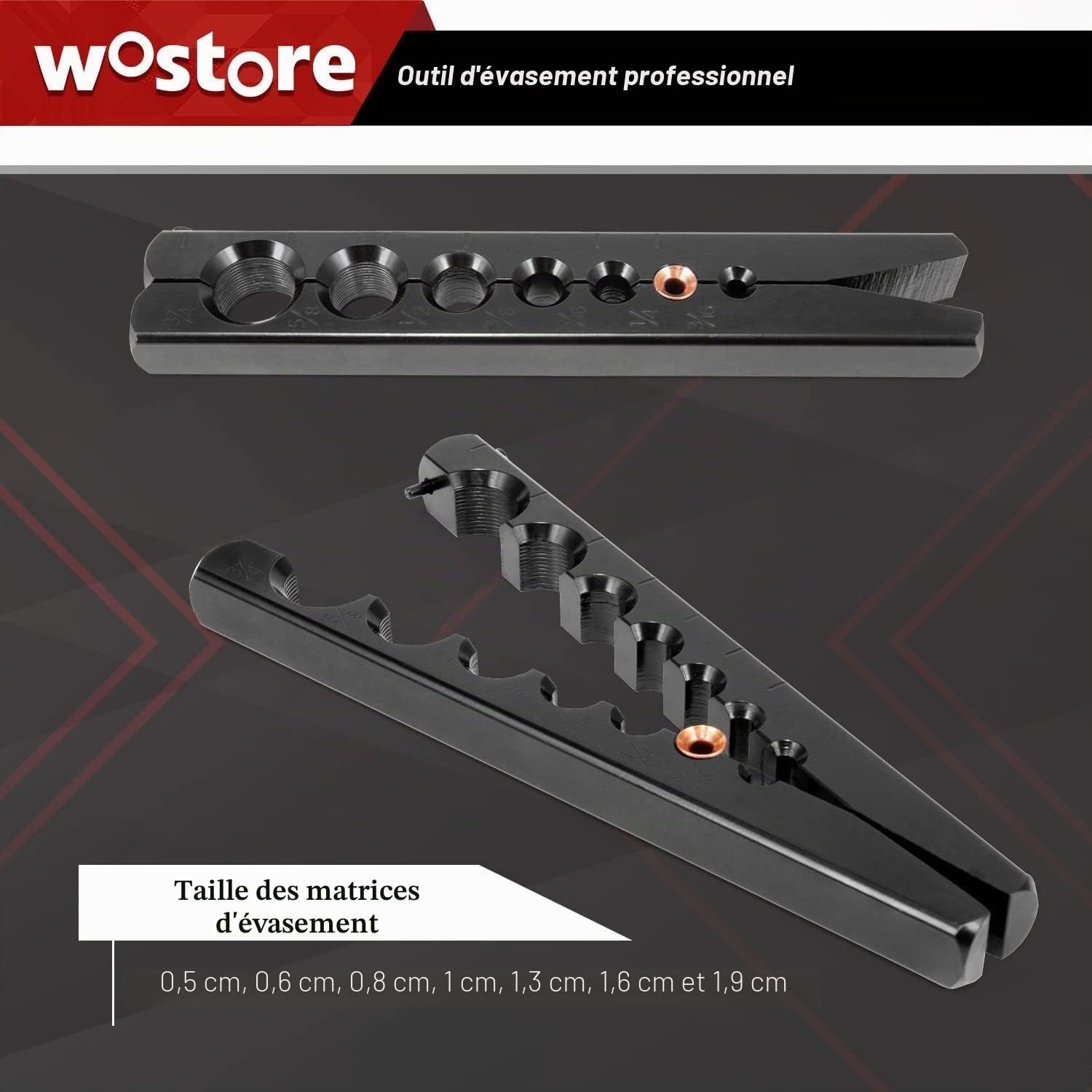 Wostore, Kit d'outils de déformation de tuyaux - 7 matrices pour flares excentriques sur tuyaux en cuivre de 4,8 à 19,1 mm - Idéal pour la réfrigération, le CVC et les travaux sanitaires