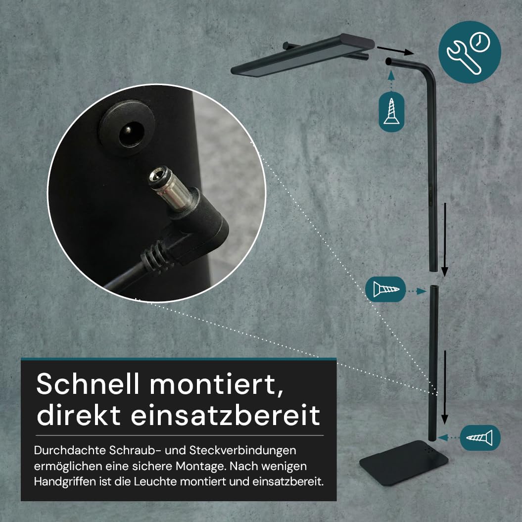 LUXULA LED Büro-Stehleuchte dimmbar, 60 W 3500 lm, 4000K Neutralweiß, Up/Downlight, UGR<16, CRI98, Touchbedienung, blendfreies Licht, Monitor, Büro, Arbeitszimmer, Homeoffice, modernes Design, Schwarz