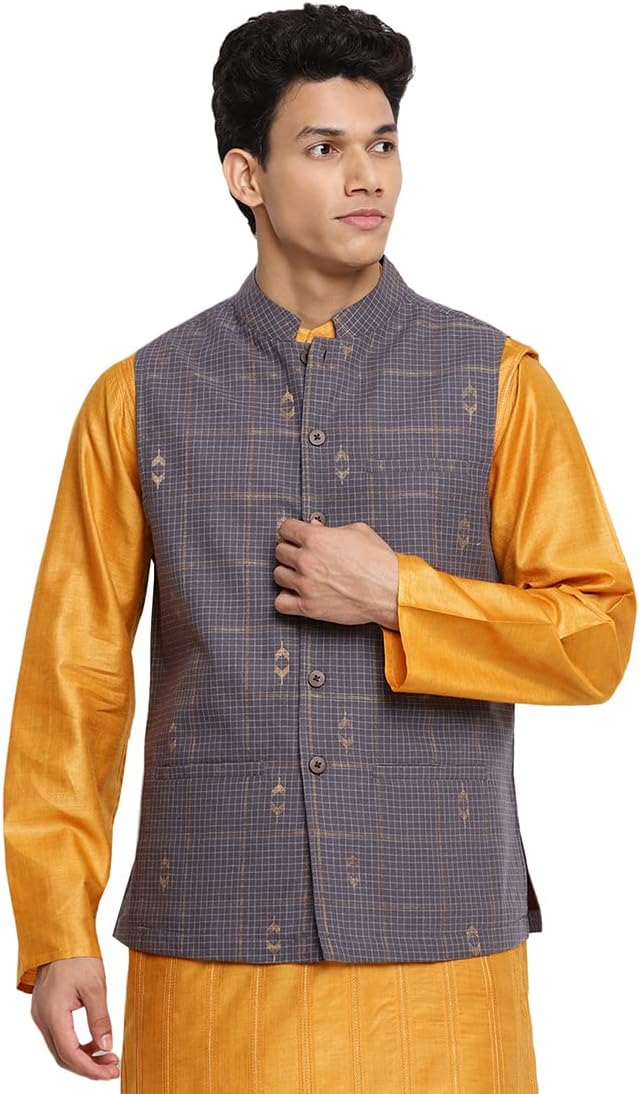 Fabindia Checked Cotton Jacket Grey