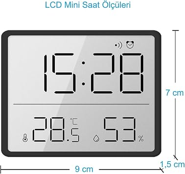 HyMark Mıknatıslı LCD Dijital Ekran 9x7 cm Pilli Mini Saat Alarm Saat Nem Göstergesi Sıcaklık Ölçer