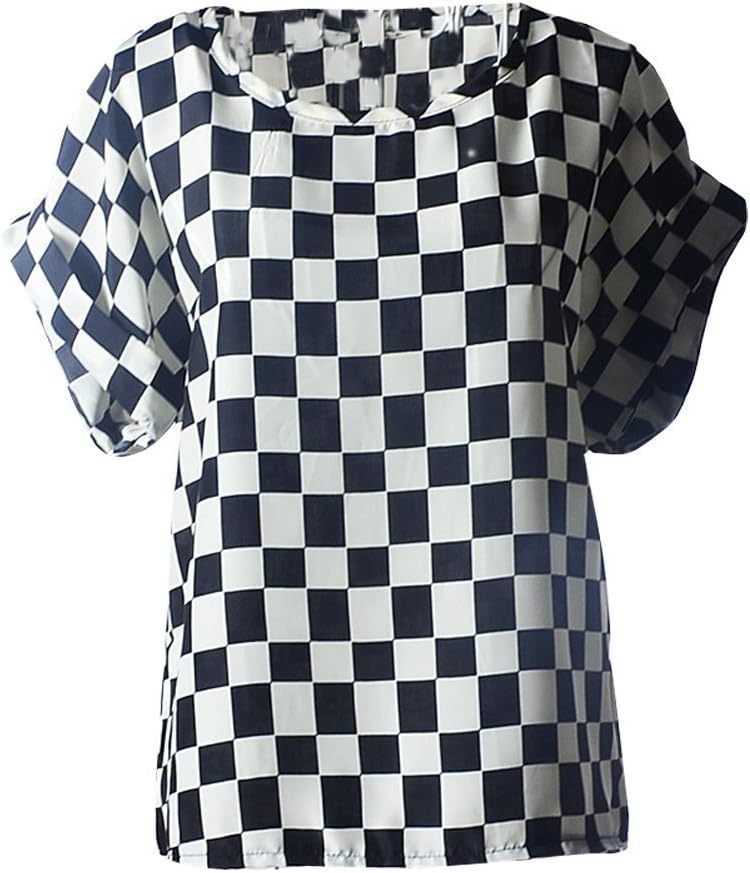 YOUNG LIGHT@ Womens Cute Geometric Print Loose Chiffon Blouses Top Shirt Cool T-Shirt (XX-Large,Black-White Checks)