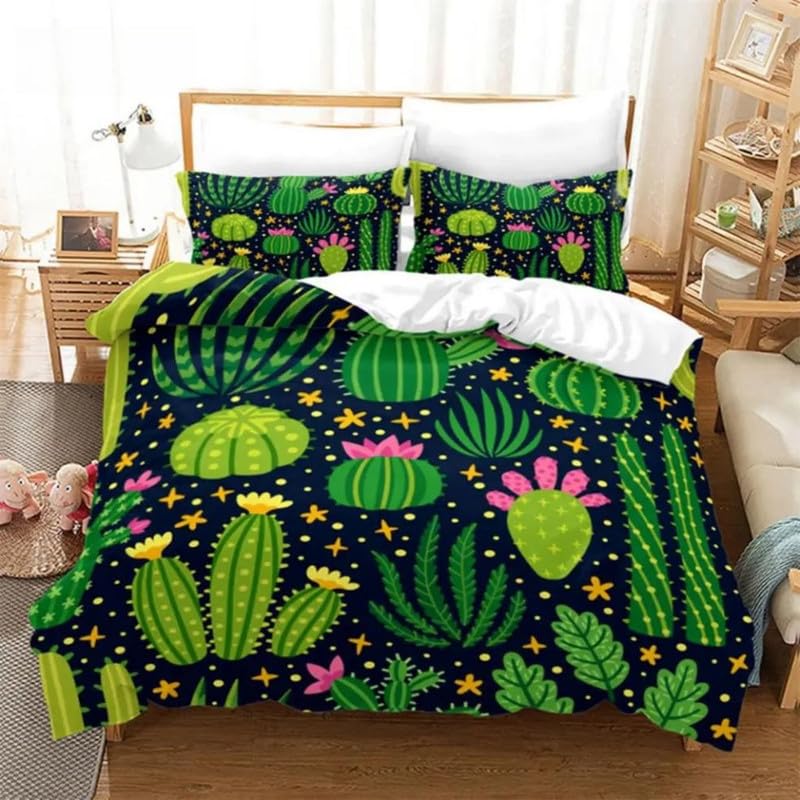 Housse de Couette 240 x 260 Anti-Plis en Microfibre Douceur Motif Cactus Vert